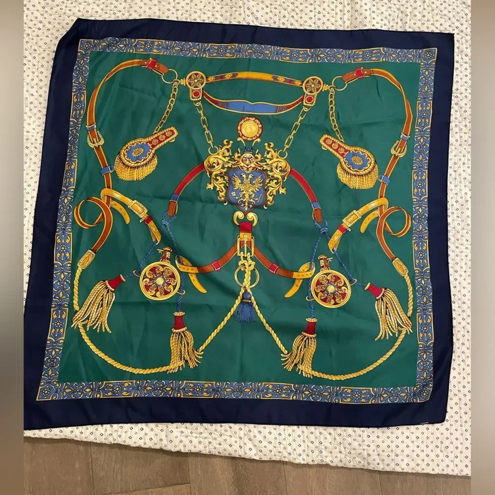 Vintage Elegant Green and Blue Silk Horse Bridle 35”x35” Old Money Scarf